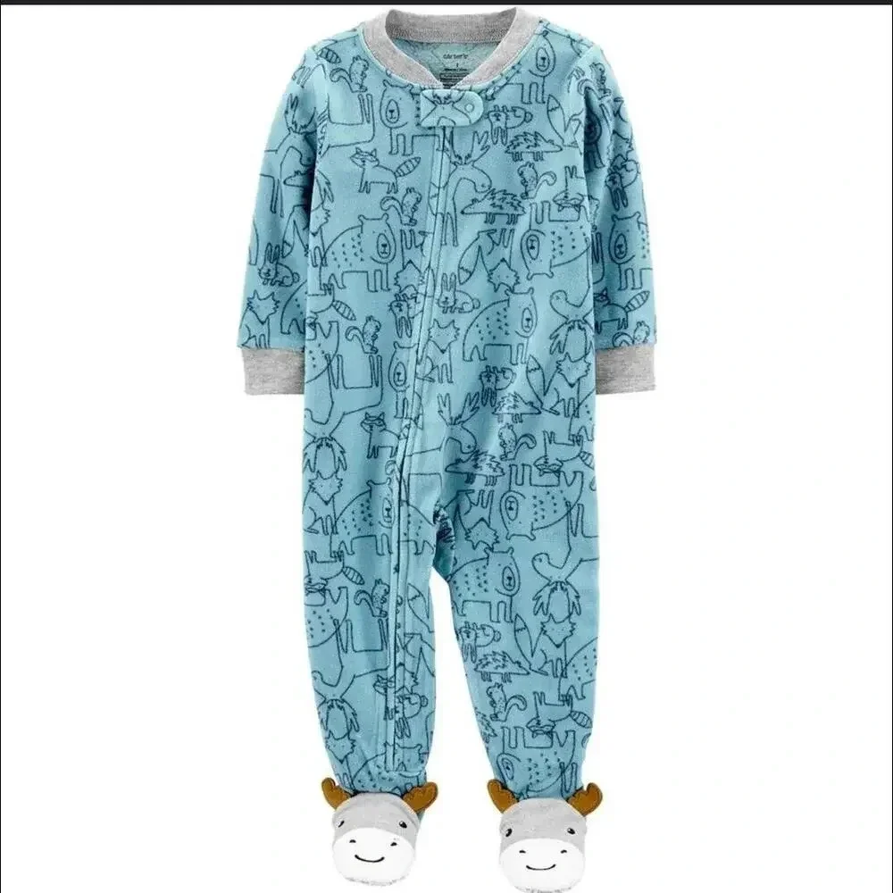 Carter's Blue Forest Animal Print Fleece Blanket Sleeper Pajamas Boys Size 4T